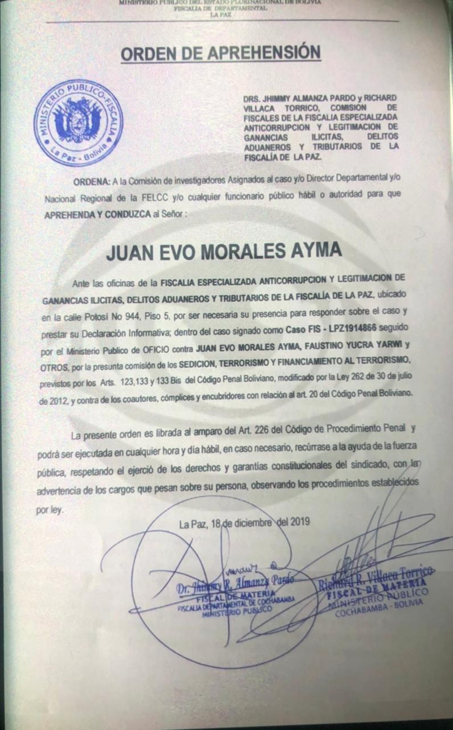 Orden de captura contra Evo Morales