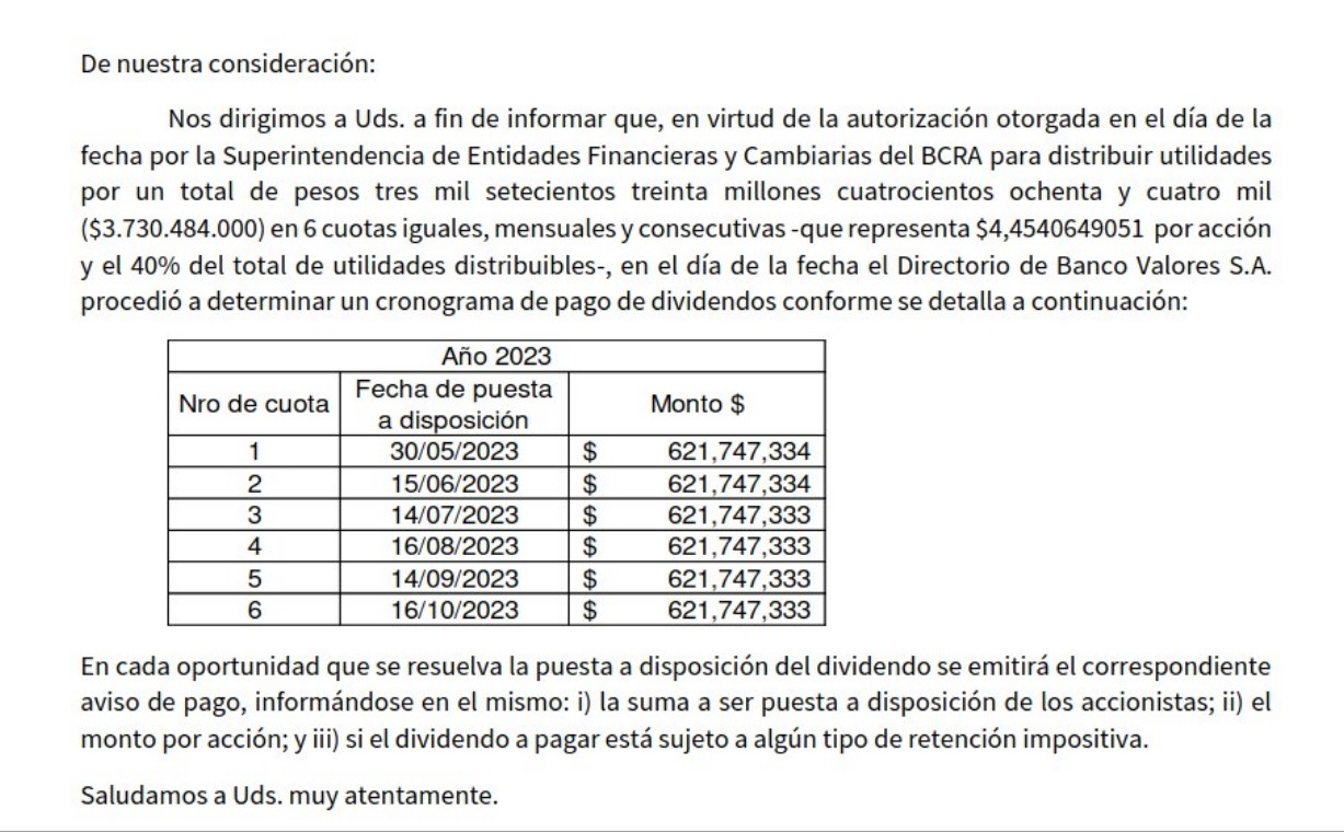 VALO, Pago de dividendos